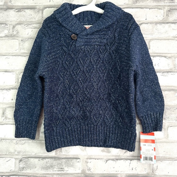 Cat & Jack Baby Boy Navy Long Sleeve Shawl Collar Cable Knit Pullover Sweater - Picture 1 of 7